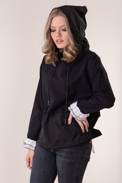 Hoodie combined fabrics negru